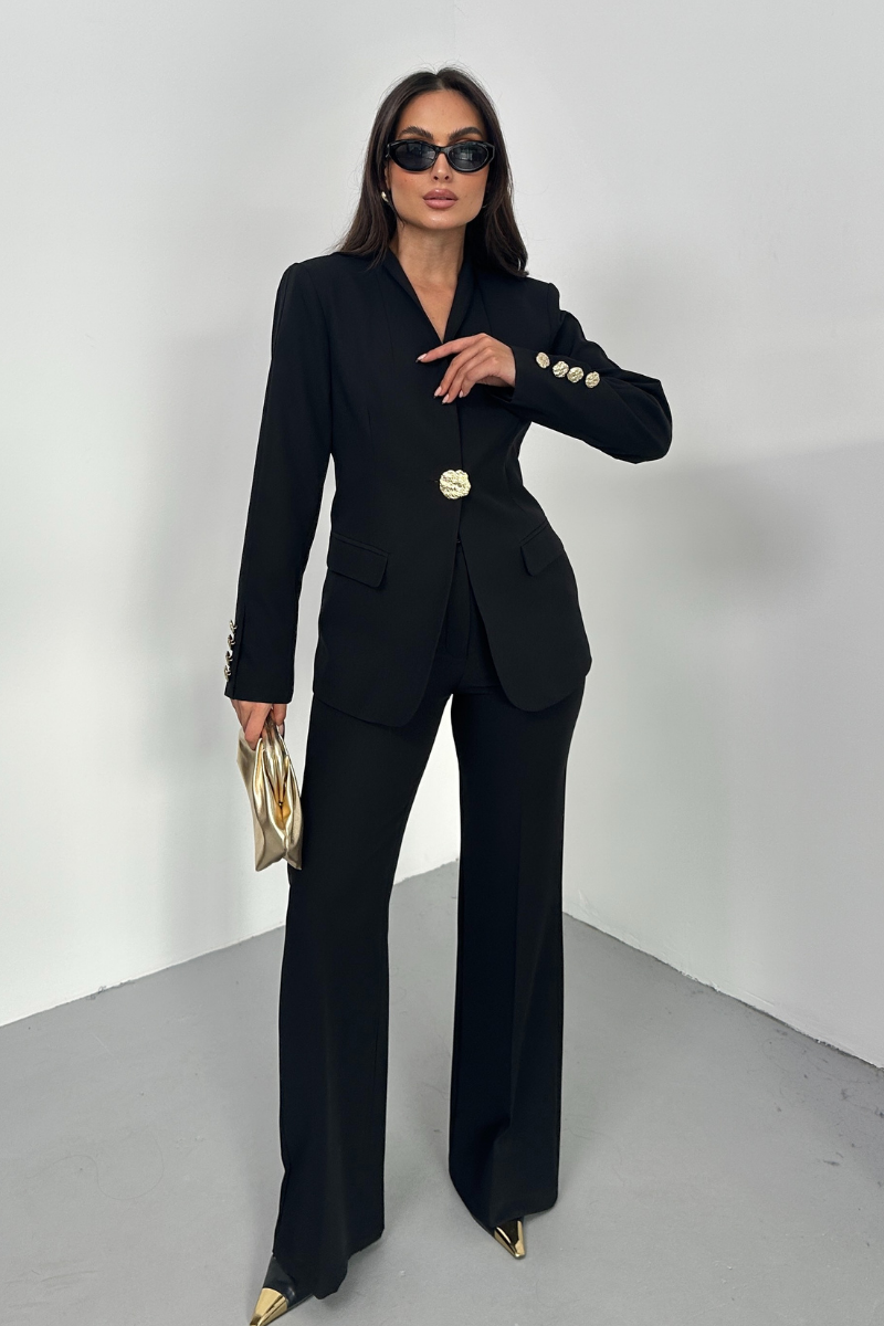 Kadın İkili Takım Şık Düğme Detaylı Dik Yaka Blazer Ceket Bol Paça Pantolon Takım
