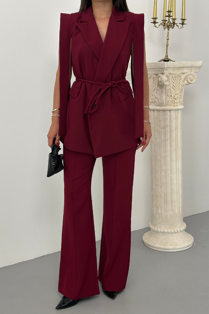 Kadın Alt Üst İkili Takım Omuz Detaylı Kuşaklı Yelek Pantolon Takım