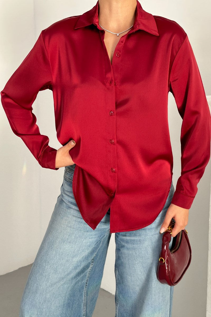 Kadın Gömlek Saten Uzun Kollu Düşük Omuz Düğmeli Şık Gömlek