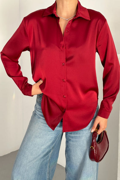Kadın Gömlek Saten Uzun Kollu Düşük Omuz Düğmeli Şık Gömlek