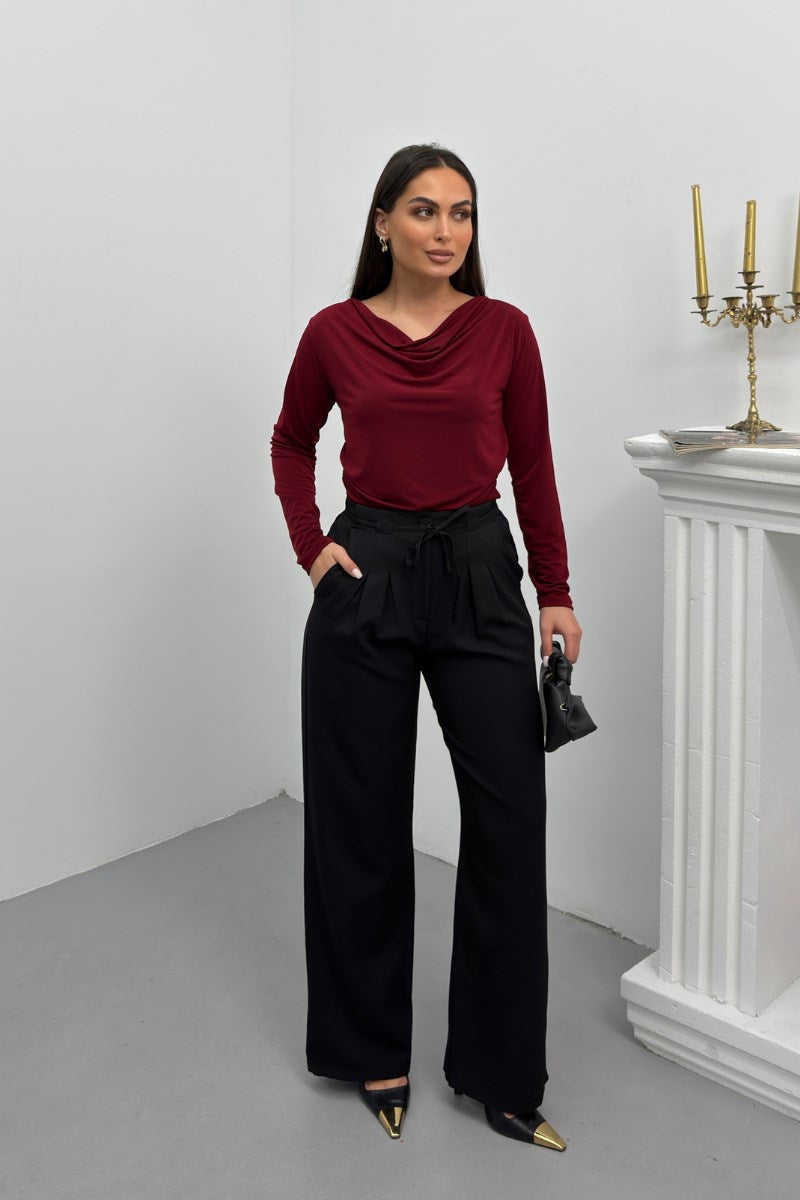 Kadın Pantolon Beli Bağcıklı Pile Detaylı Çift Cepli Bol Paça Pantolon