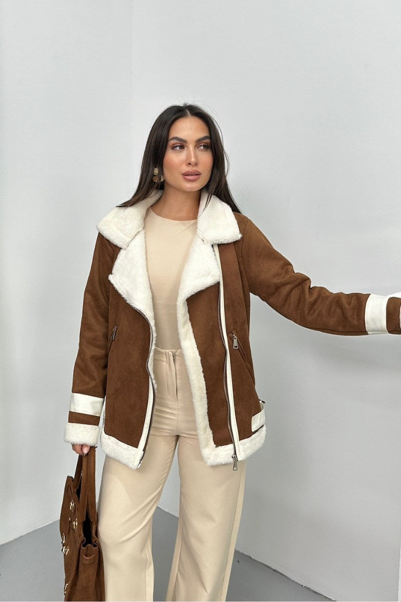 Kadın Süet Mont Oversize İçi Kürklü Fermuarlı Cepli Kol Detaylı Ceket Yaka Kışlık Kaban