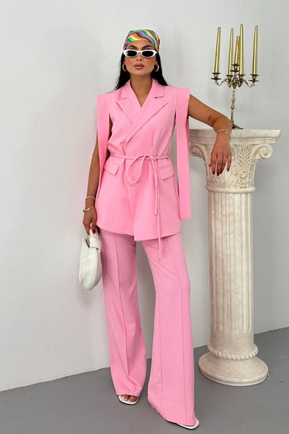 Kadın Alt Üst İkili Takım Omuz Detaylı Kuşaklı Yelek Pantolon Takım BEBE MAVİSİ 36