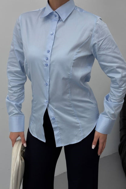 Kadın Gömlek %100 Pamuk Premium Saten Dokuma Uzun Kollu Düğmeli Kuplu Slim Fit Gömlek