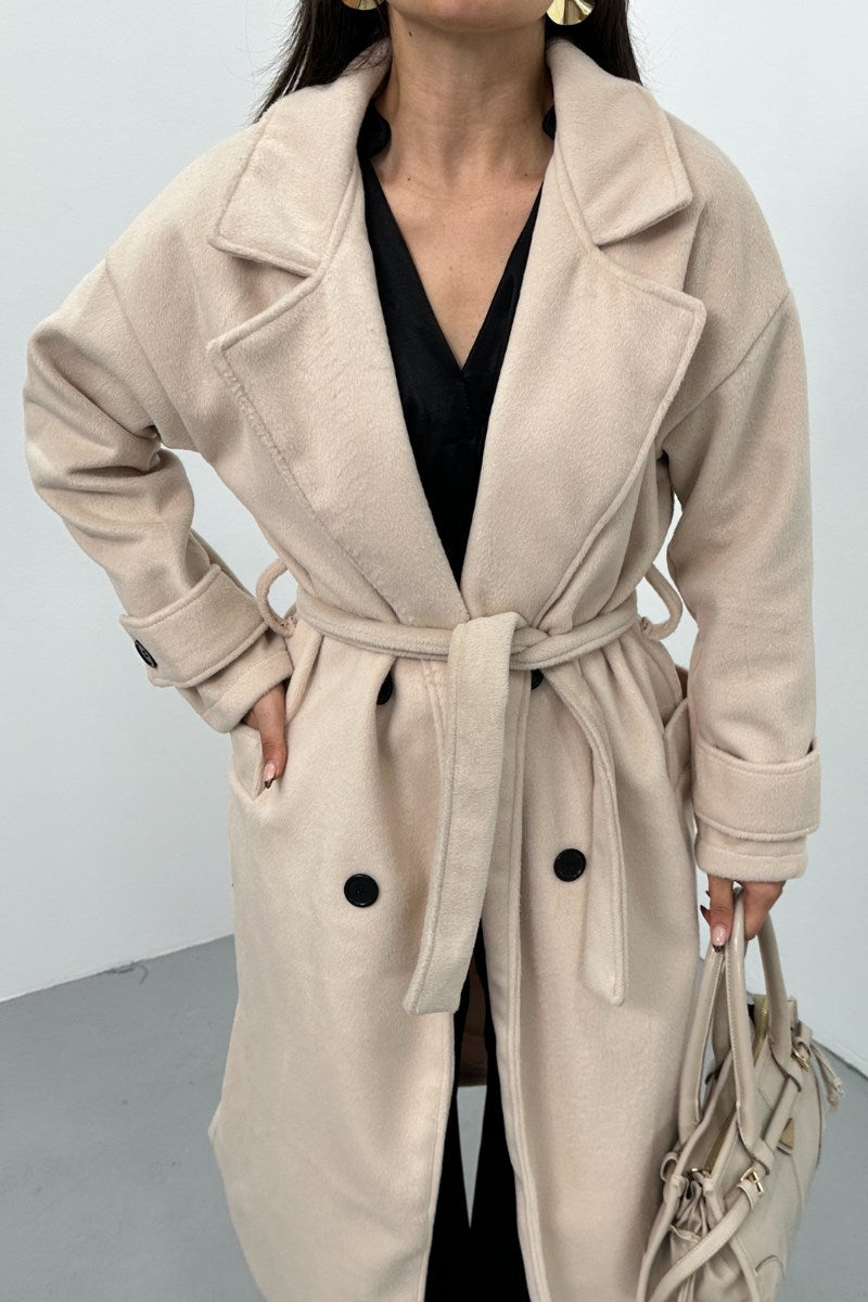 Kadın Kaşe Kaban Uzun Kuşaklı Düğmeli Cepli Premium Kaşe Kaban