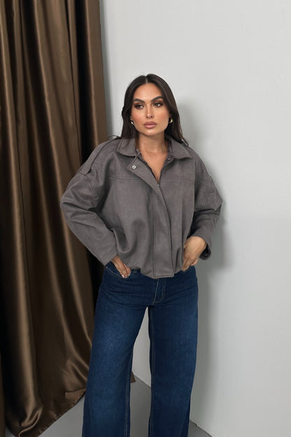 Kadın Mont Kısa Oversize Süet Fermuarlı Gömlek Yaka Düşük Omuz Ceket