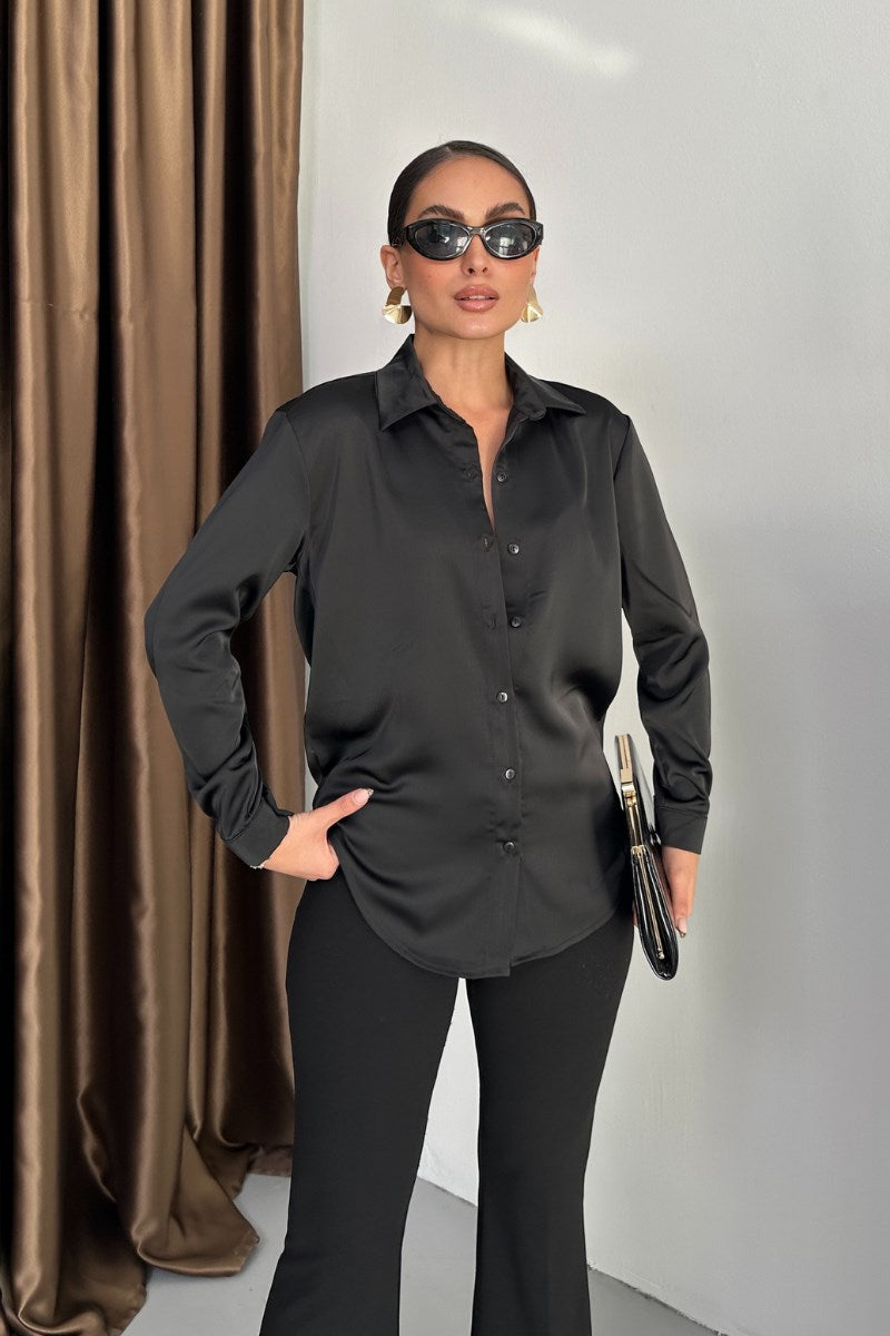 Kadın Gömlek Saten Uzun Kollu Düşük Omuz Düğmeli Şık Gömlek