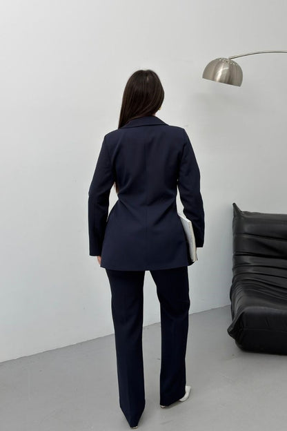 Kadın İkili Alt Üst Takım Şık Gold Tokalı Kuşaklı Blazer Ceket Bol Paça Pantolon Takım