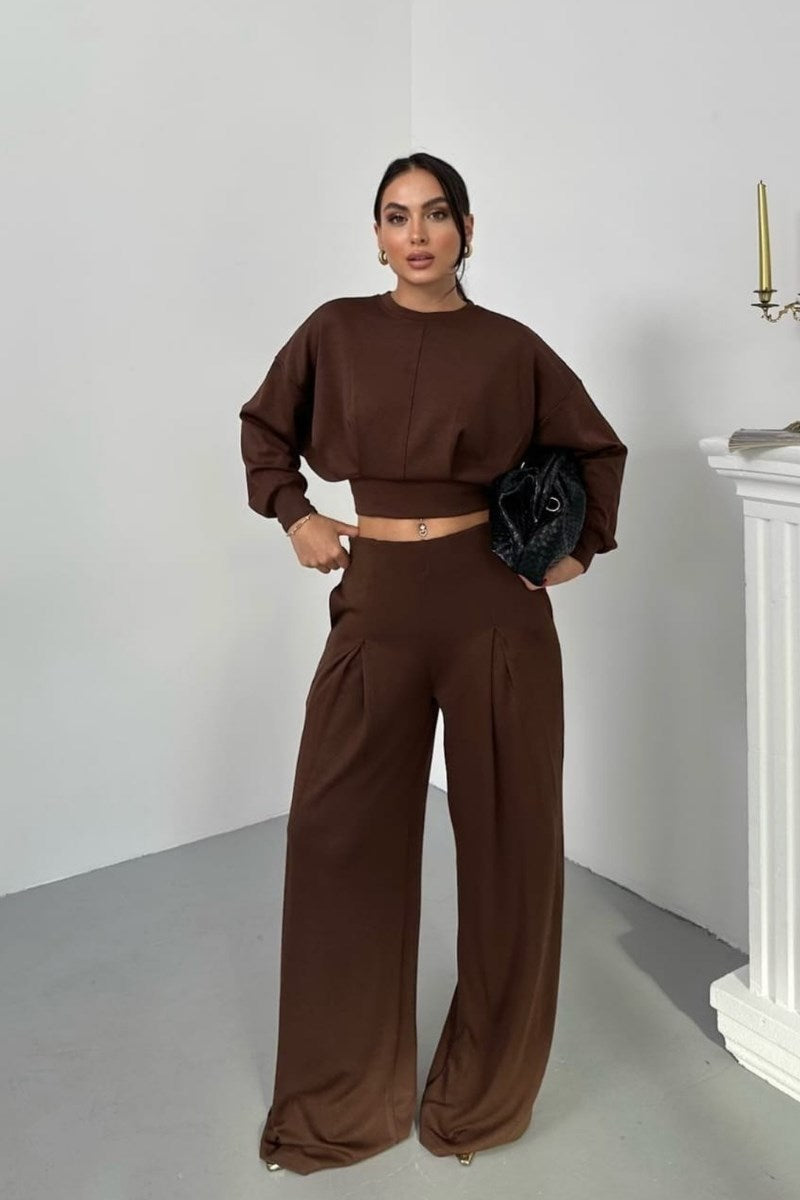 Kadın İkili Alt Üst Takım Modal Kumaş Düşük Omuz Bisiklet Yaka Crop Üst Piliseli Yüksek Bel Geniş Paça Cepli Pantolon Takım