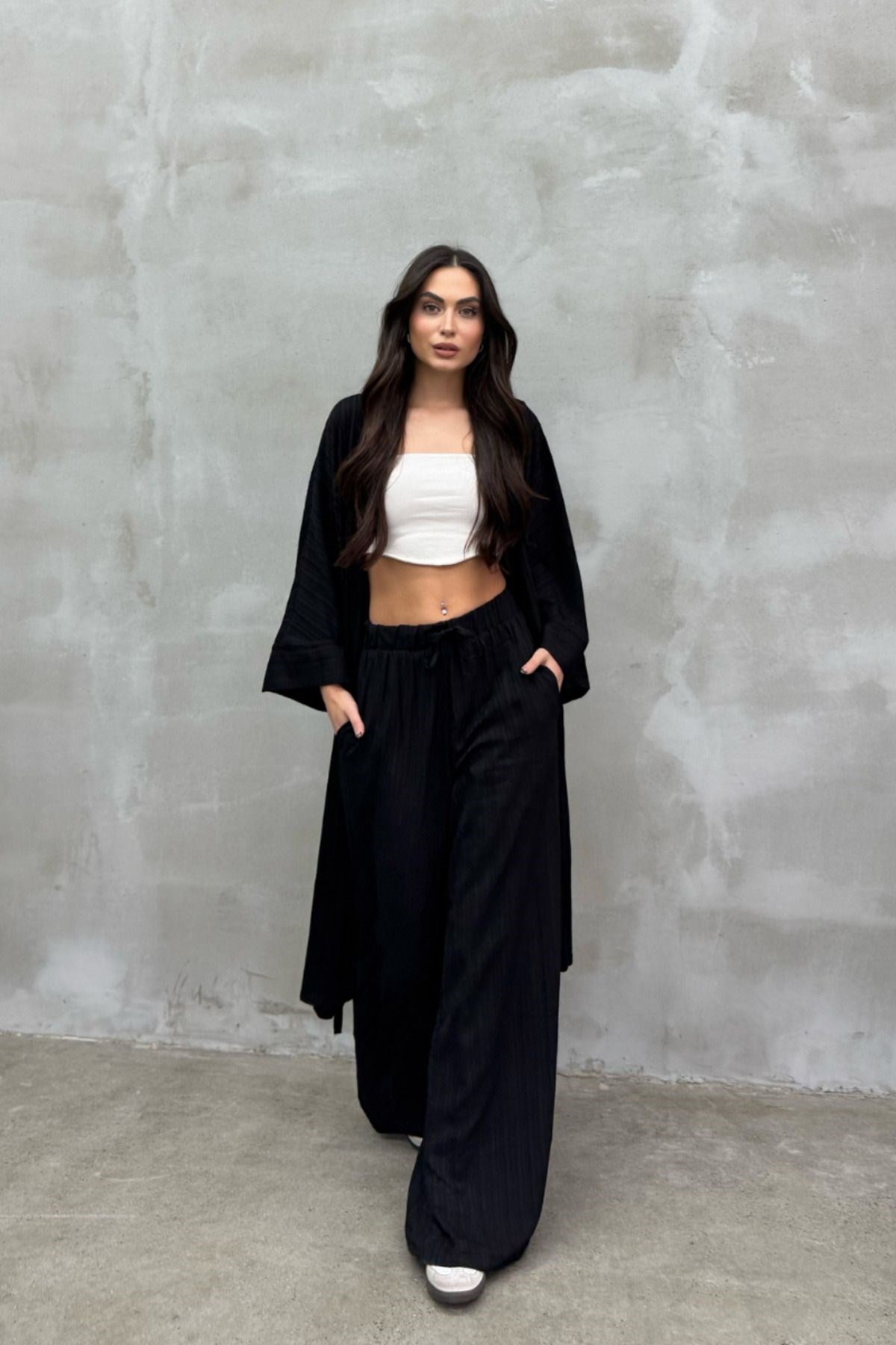 Kadın Yırtmaçlı Gofre Ikili Kimono Takım