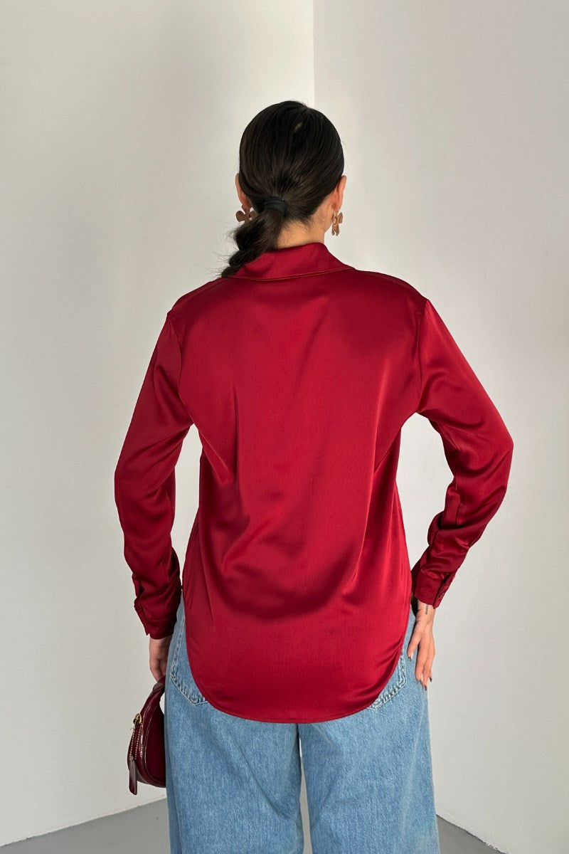 Kadın Gömlek Saten Uzun Kollu Düşük Omuz Düğmeli Şık Gömlek