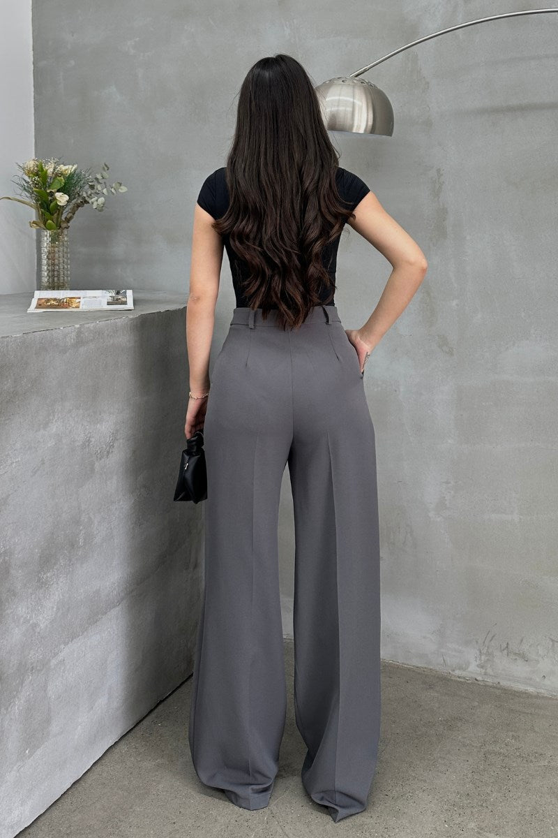 Kadın Palazzo Pantolon Düğmeli Çift Cepli Bol Paça Pantolon