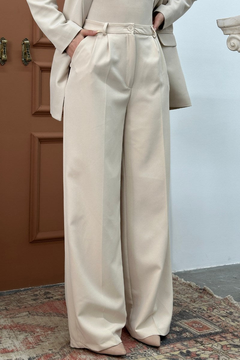 Kadın Palazzo Pantolon Düğmeli Çift Cepli Bol Paça Pantolon