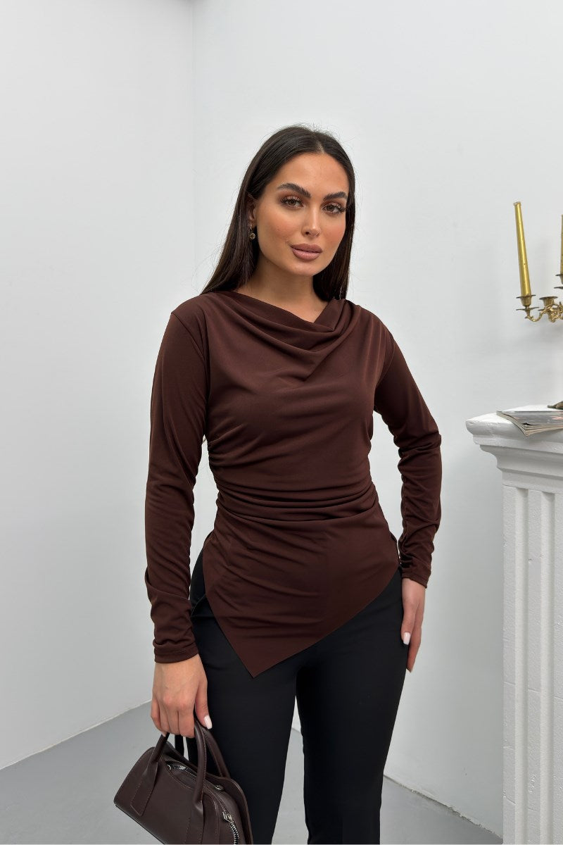 Kadın Bluz Drapeli Uzun Kollu Degaje Yaka Asimetrik Kesim Sandy Kumaş Likralı Şık Bluz
