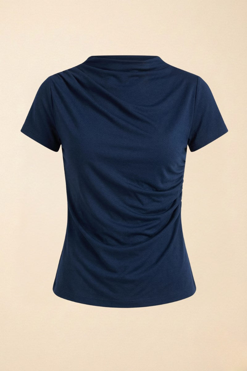 Kadın T-Shirt Kısa Kollu Drape Detaylı Yaka ve Beli Büzgülü Sandy Kumaş Likralı Bluz