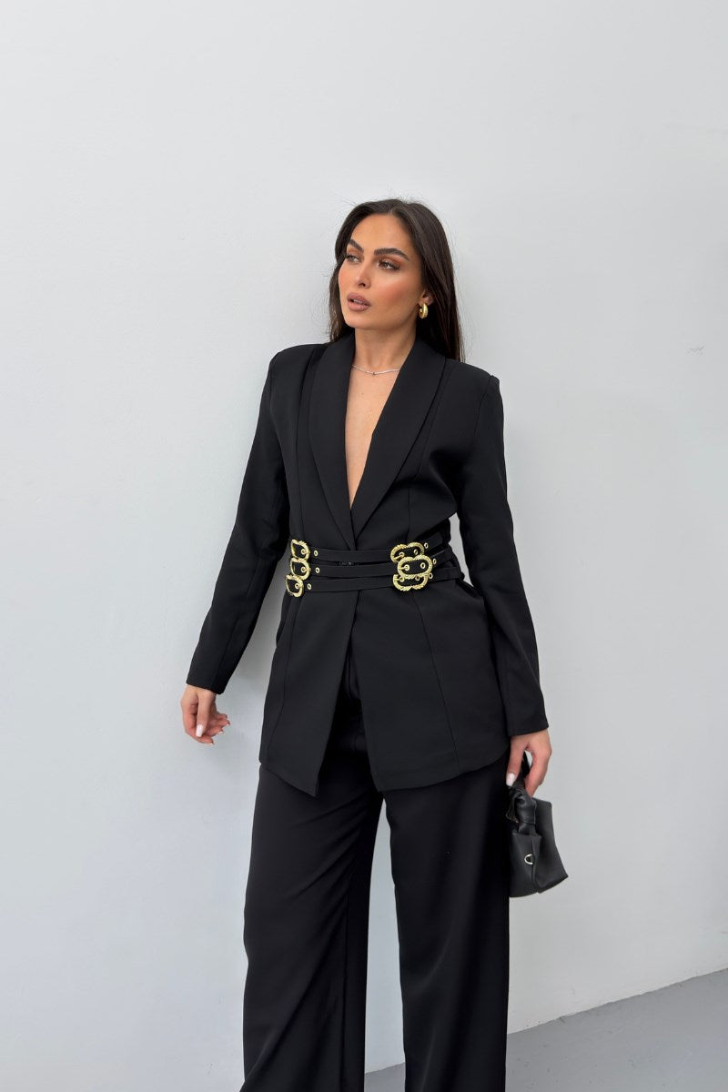 Kadın Siyah İkili Takım Şık Gold Kemerli Vatkalı Blazer Ceket Bol Paça Pantolon Takım