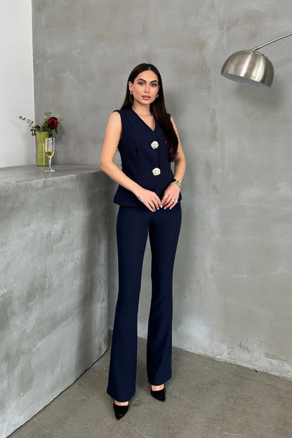 Kadın Alt Üst Takım Şık Düğme Detaylı Yelek Pantolon İkili Takım Lacivert