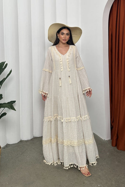 Kadın Elbise Uzun Şık Uzun Kollu Gofre V Yaka Püskül Detaylı Bol Kesim