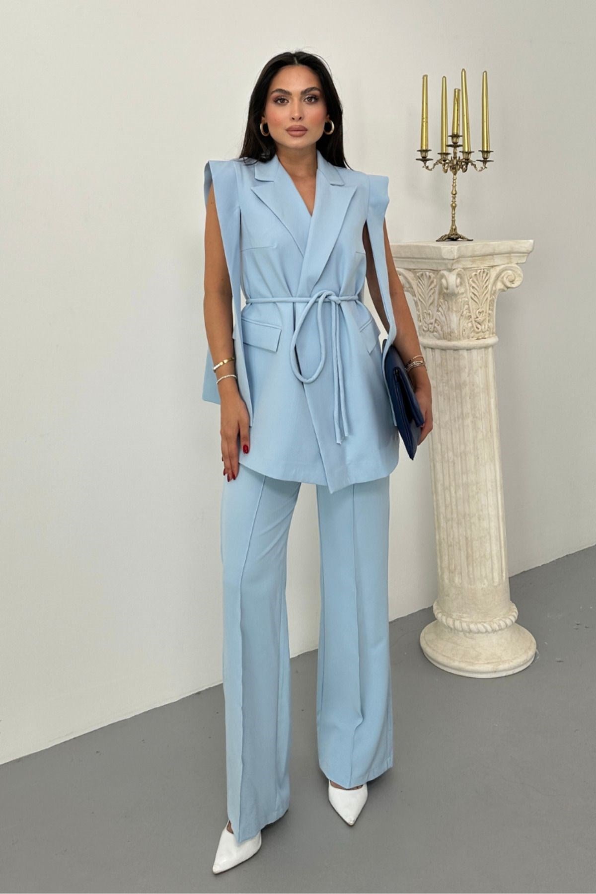 Kadın Alt Üst İkili Takım Omuz Detaylı Kuşaklı Yelek Pantolon Takım BEBE MAVİSİ