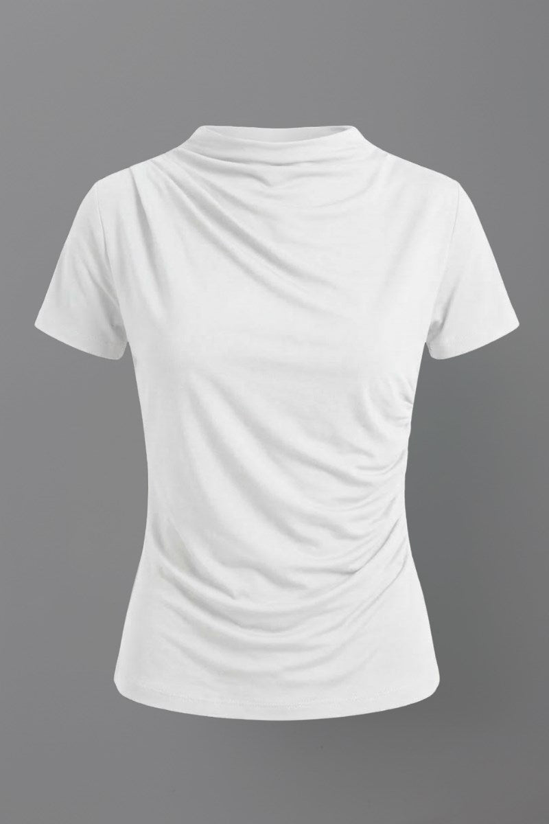 Kadın T-Shirt Kısa Kollu Drape Detaylı Yaka ve Beli Büzgülü Sandy Kumaş Likralı Bluz