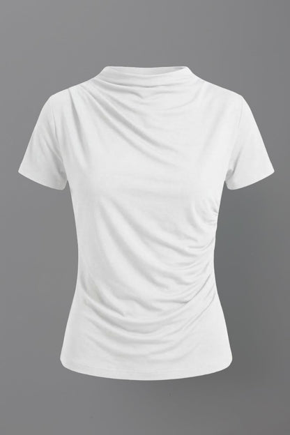 Kadın T-Shirt Kısa Kollu Drape Detaylı Yaka ve Beli Büzgülü Sandy Kumaş Likralı Bluz
