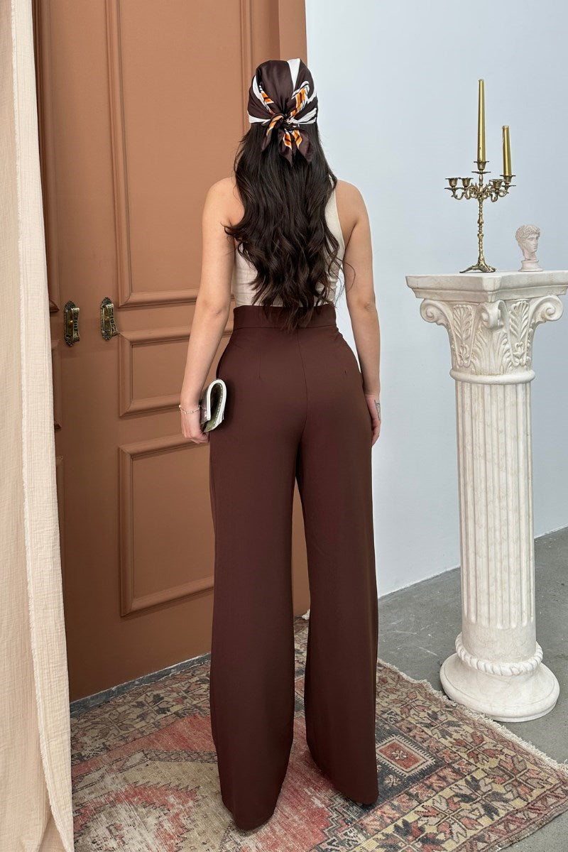 Kadın Palazzo Pantolon Beli Cırtlı Çift Cepli Bol Paça Pantolon