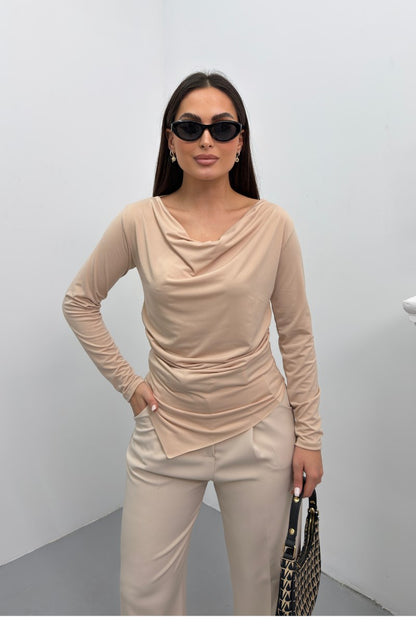 Kadın Bluz Drapeli Uzun Kollu Degaje Yaka Asimetrik Kesim Sandy Kumaş Likralı Şık Bluz