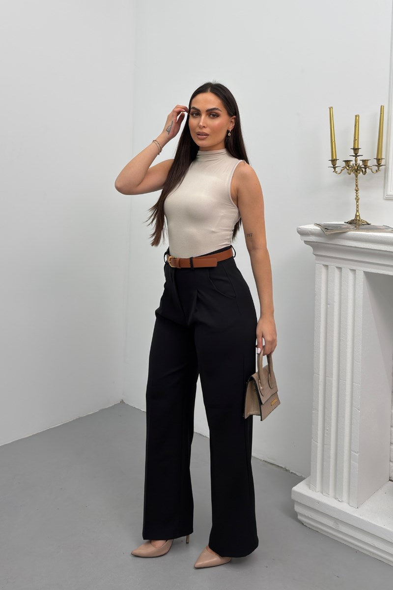 Kadın Pantolon Kemerli Pile Detaylı Çift Cepli Bol Paça Pantolon