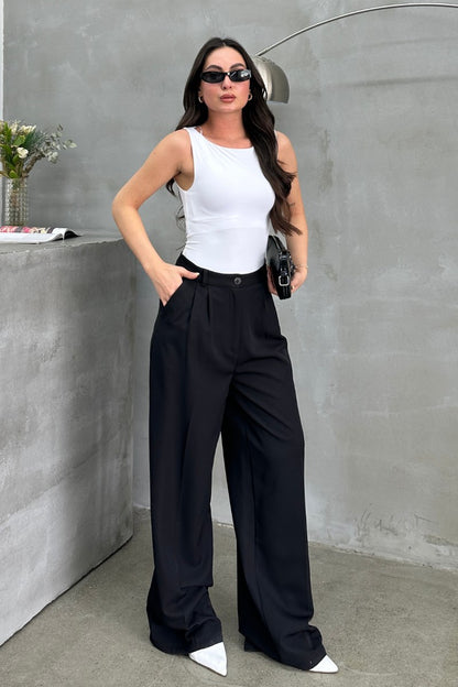 Kadın Palazzo Pantolon Düğmeli Çift Cepli Bol Paça Pantolon
