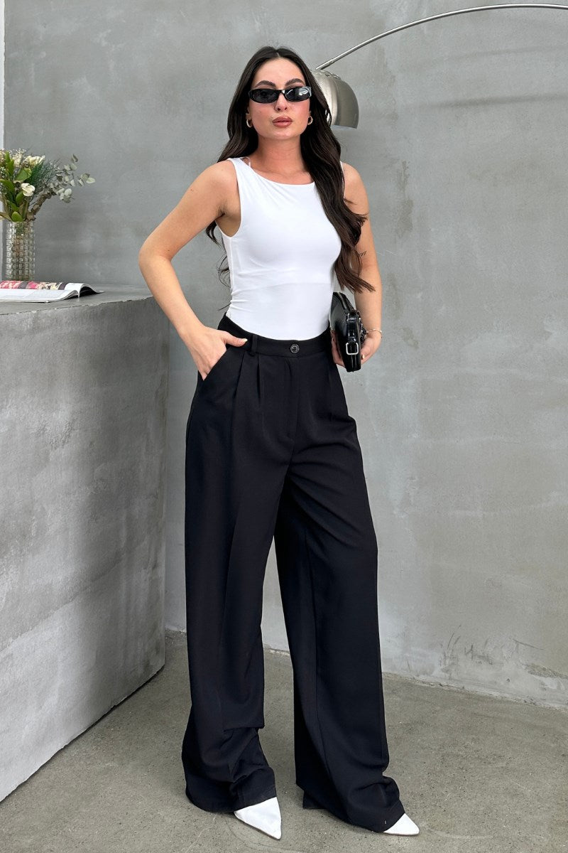 Kadın Palazzo Pantolon Düğmeli Çift Cepli Bol Paça Pantolon
