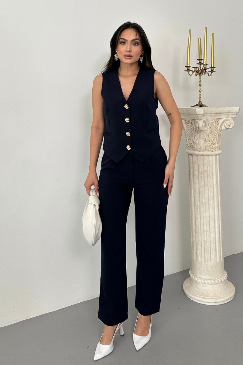 Kadın Alt Üst Takım Şık Gold Düğme Detaylı V Yaka Yelek Pantolon Takım Lacivert
