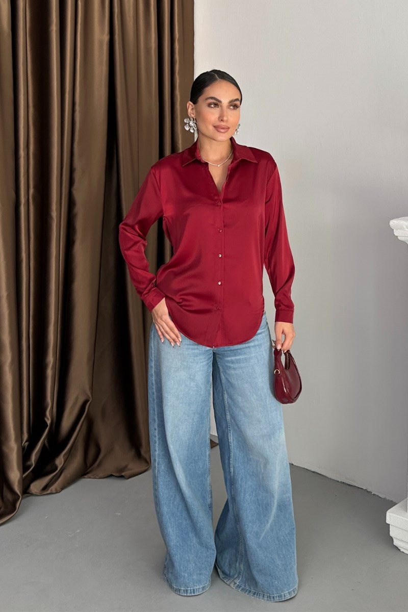 Kadın Gömlek Saten Uzun Kollu Düşük Omuz Düğmeli Şık Gömlek