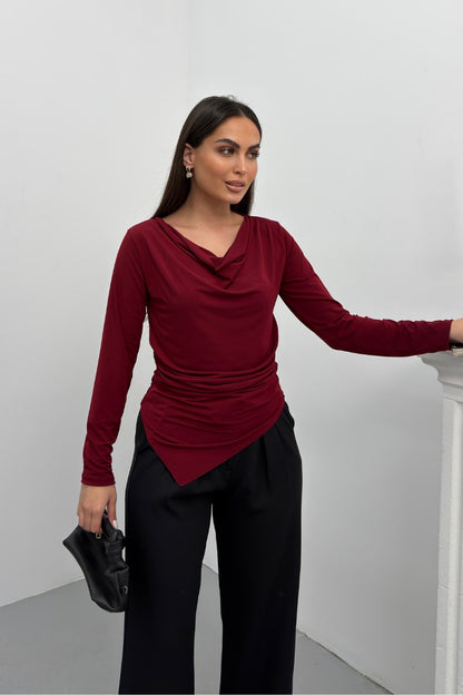 Kadın Bluz Drapeli Uzun Kollu Degaje Yaka Asimetrik Kesim Sandy Kumaş Likralı Şık Bluz