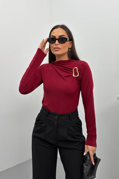 Kadın Bluz Gold Toka Detaylı Büzgülü Uzun Kollu Sandy Kumaş Likralı Şık Bluz