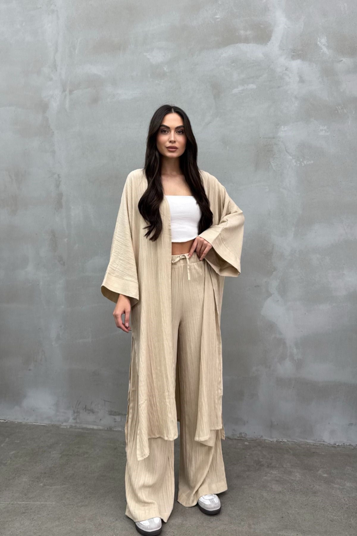 Kadın Yırtmaçlı Gofre Ikili Kimono Takım