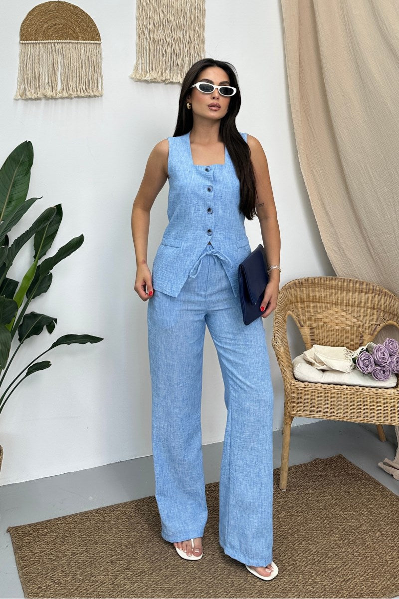 Kadın İkili Alt Üst Takım Keten Düğmeli Kare Yaka Beli Bağcıklı Regular Yelek Bol Pantolon Takım BEJ 36