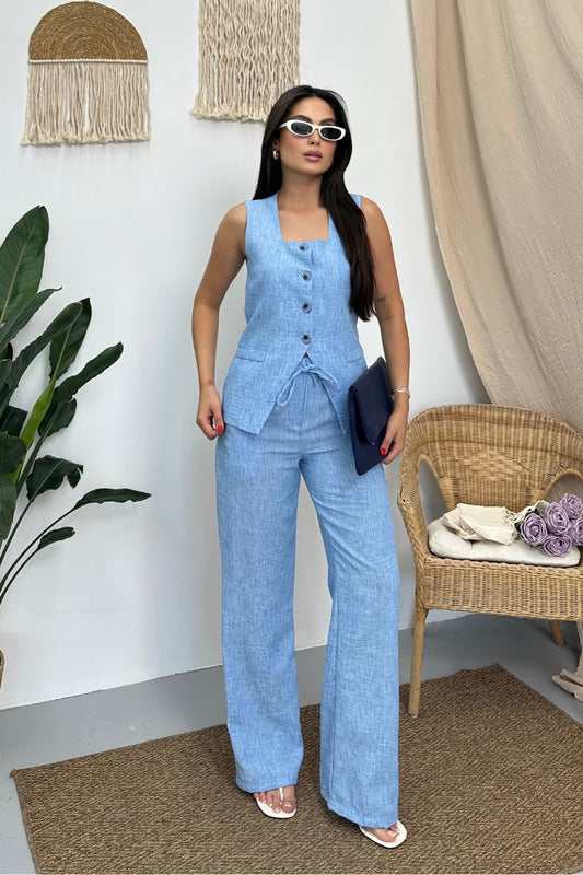 Kadın İkili Alt Üst Takım Keten Düğmeli Kare Yaka Beli Bağcıklı Regular Yelek Bol Pantolon Takım BEJ 36