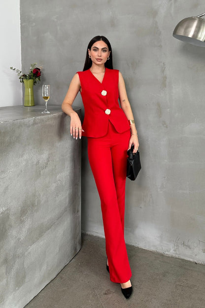 Kadın Alt Üst Takım Şık Düğme Detaylı Yelek Pantolon İkili Takım Kırmızı