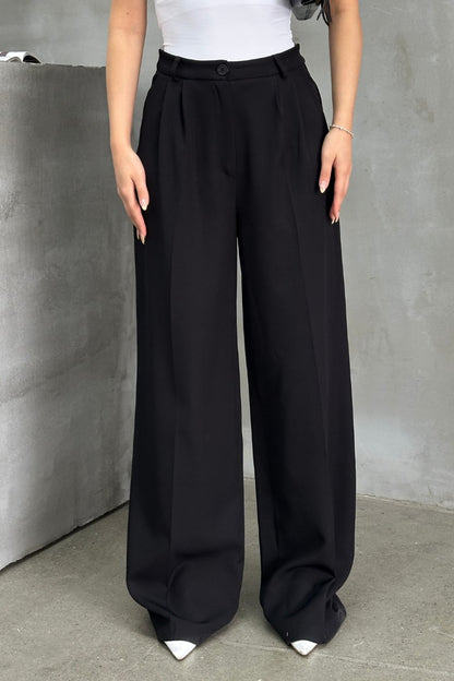 Kadın Palazzo Pantolon Düğmeli Çift Cepli Bol Paça Pantolon
