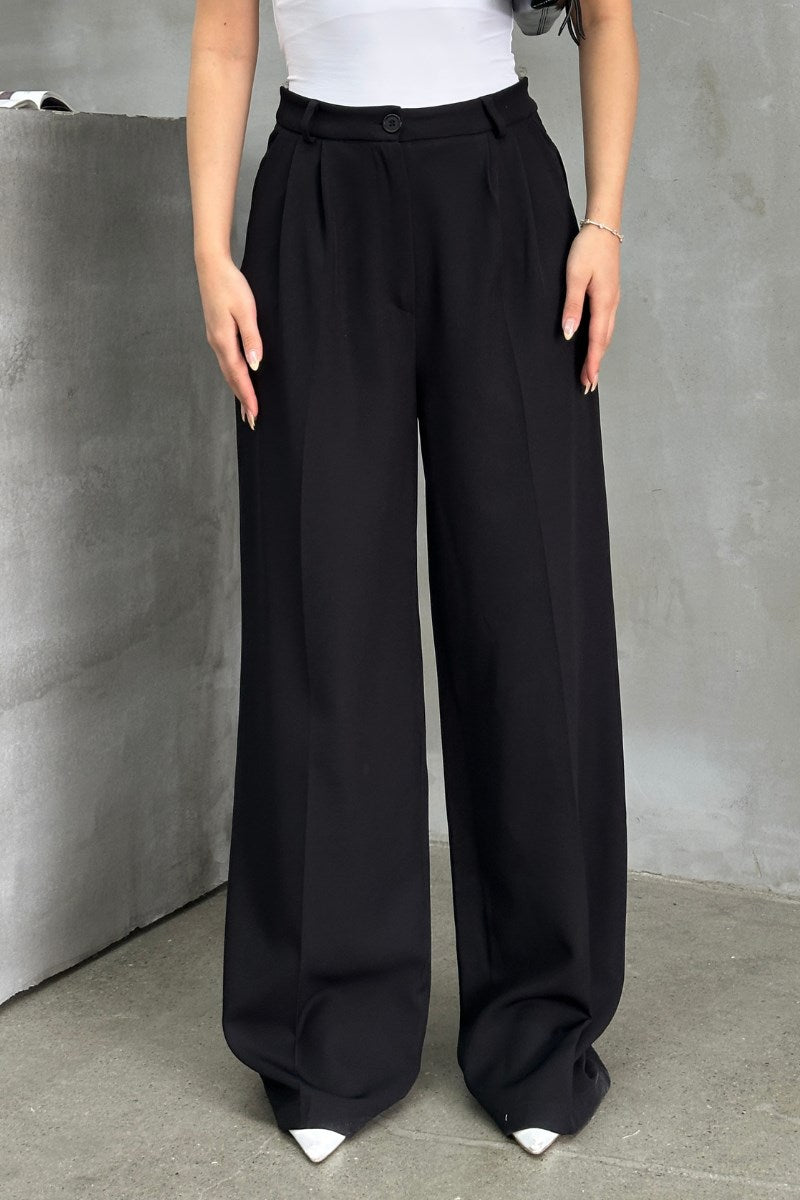 Kadın Palazzo Pantolon Düğmeli Çift Cepli Bol Paça Pantolon