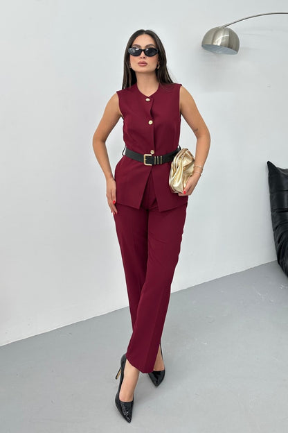 Kadın İkili Alt Üst Takım Şık Kemerli Düğme Detaylı Bisiklet Yaka Regular Yelek Pantolon Takım BEJ 36