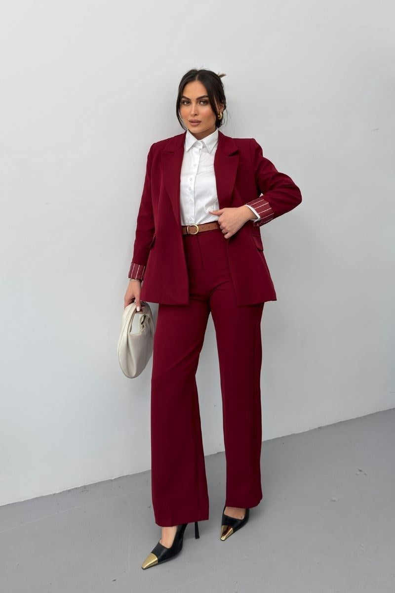 Kadın İkili Alt Üst Takım Kemerli Çizgili Astarlı Cep Detaylı Regular Blazer Ceket Pantolon Takım