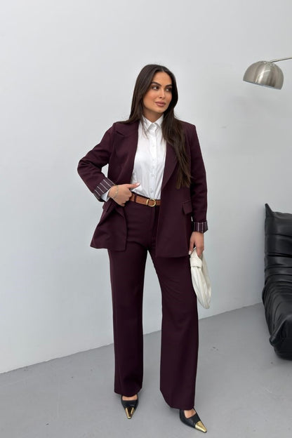 Kadın İkili Alt Üst Takım Kemerli Çizgili Astarlı Cep Detaylı Regular Blazer Ceket Pantolon Takım