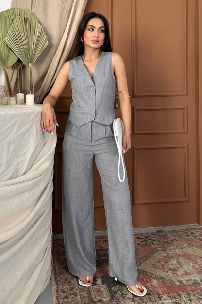 Kadın Alt Üst Takım Keten Düğmeli V Yaka Yelek Bol Paça Pantolon Takım