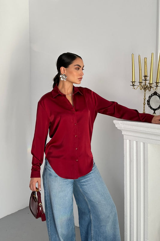 Kadın Gömlek Saten Uzun Kollu Düşük Omuz Düğmeli Şık Gömlek