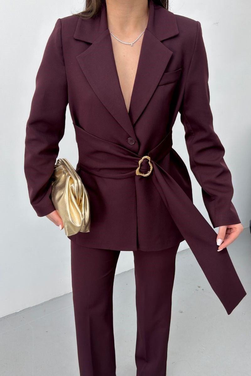 Kadın İkili Alt Üst Takım Şık Gold Tokalı Kuşaklı Blazer Ceket Bol Paça Pantolon Takım