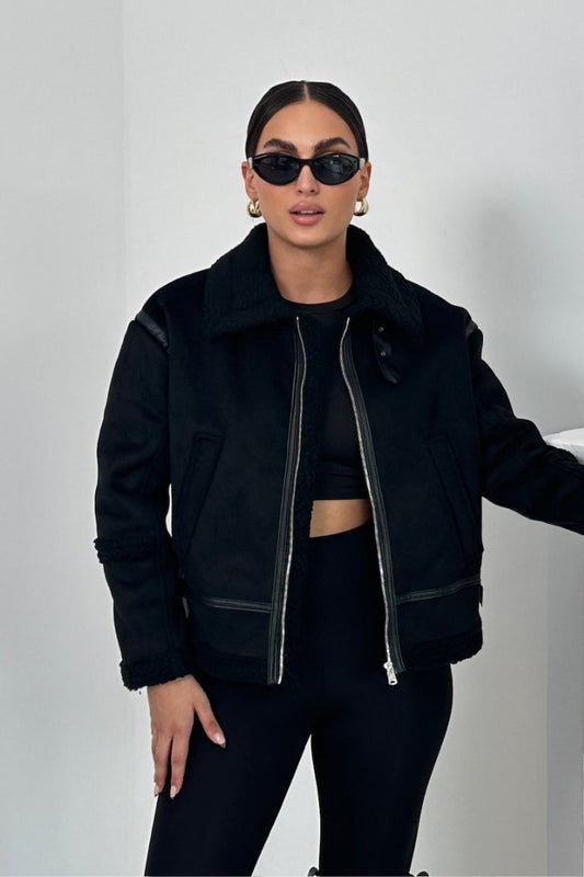 Kadın Süet Mont İçi Kürklü Fermuarlı Cepli Yaka ve Kol Detaylı Premium Regular Ceket