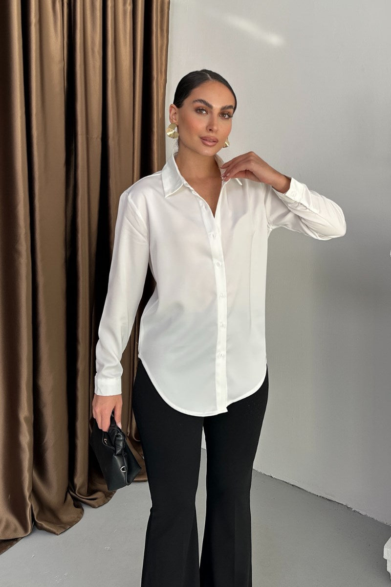 Kadın Gömlek Saten Uzun Kollu Düşük Omuz Düğmeli Şık Gömlek