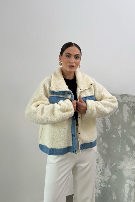 Kadın Ceket Peluş Cepli Fermuarlı Çıtçıtlı Kot Detaylı Ekru Ceket