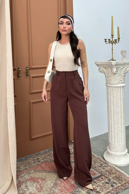 Kadın Palazzo Pantolon Düğmeli Çift Cepli Bol Paça Pantolon